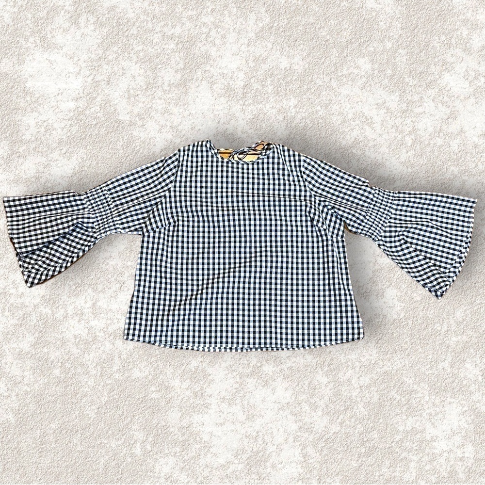 Zac & Rachel Woman Black White Check Blouse Bell Sleeves Gingham Top Cotton 2X